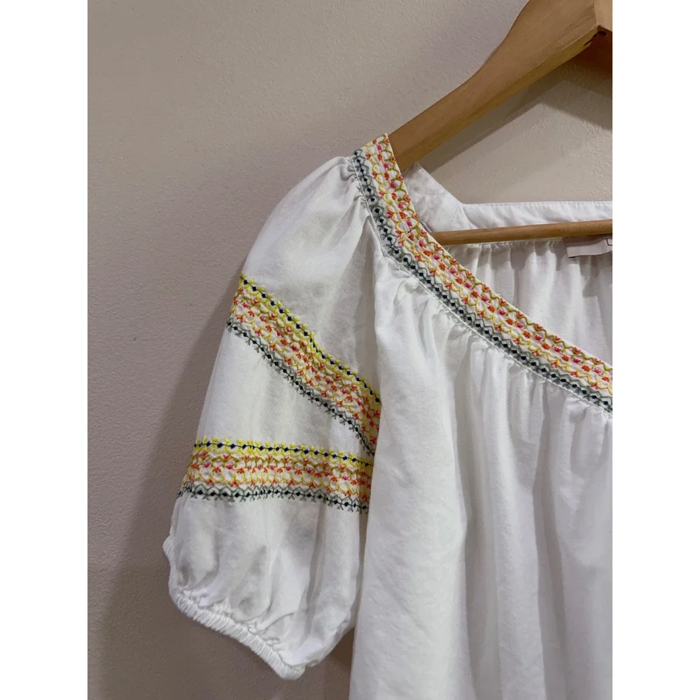 Loft Womens White Embroidered V-Neck Puff Sleeve Cotton Lyocell Blouse XS